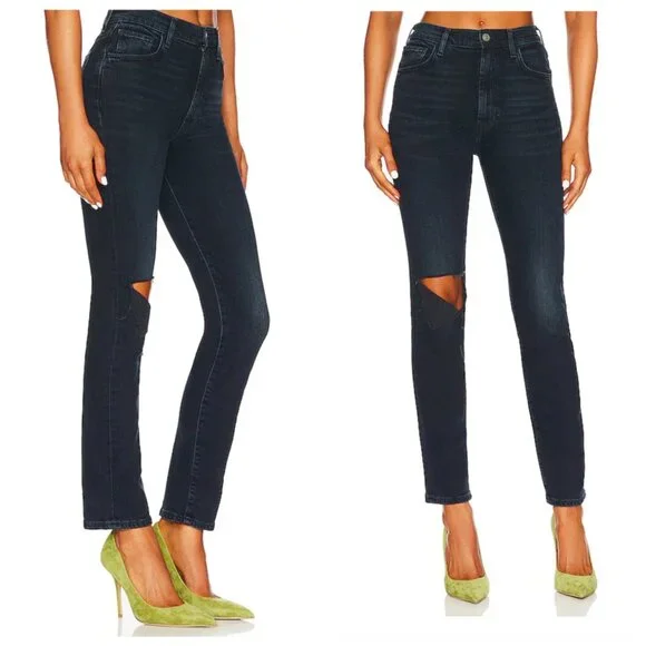 NWT 7 For All Mankind Easy Slim Dark Distressed  with Open Knee Jeans,  Size 28 - Picture 12 of 13